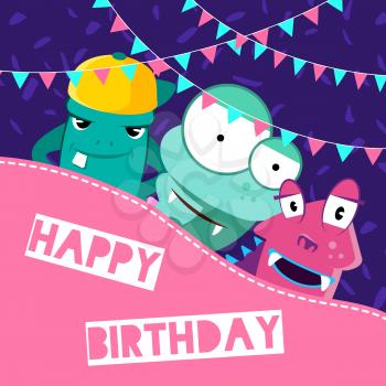 Vector banner and poster happy birthday illustration with cute cartoon monsters and garlands with place for text on confetti background