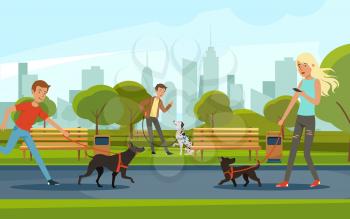 People walking with dogs in urban park. Vector landscape in cartoon style. Urban park with dog and people walk illustration