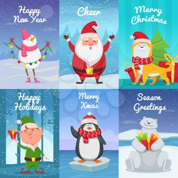 Cute christmas cards with funny characters. Vector pictures in cartoon style. Illustration of christmas penguin and snow man