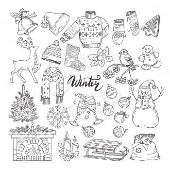 Set of different winters elements. Vector illustrations of holiday objects. Christmas and new year hand drawn object concept