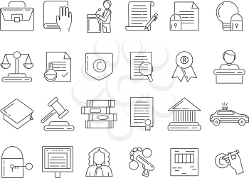 Linear symbols of lawyer, criminals and copyright protection. Jurisprudence legal, tribunal and judgment line style. Vector illustration