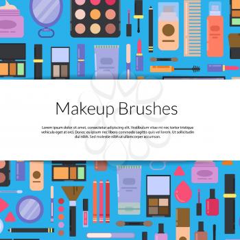 Vector illustration with wide horizontal white ribbonwith shadows across flat style makeup and skincare background and text