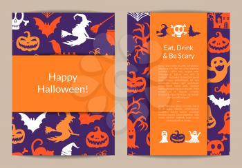 Vector halloween card templates with witches, pumpkins, ghosts, spiders silhouettes with place for text illustration