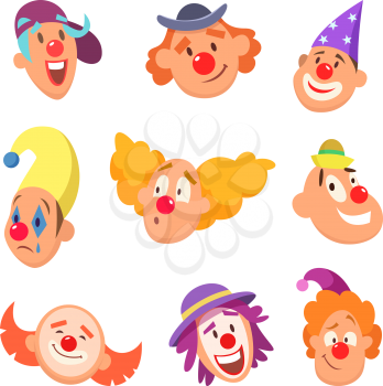 Avatar set of funny clowns with different emotions. Collection of clown face character. Vector illustration