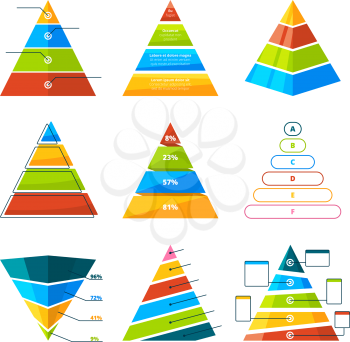Set of different triangles and pyramids with levels. Vector symbols for infographic. Collection of pyramid diagram triangle, chart and graph template illustration