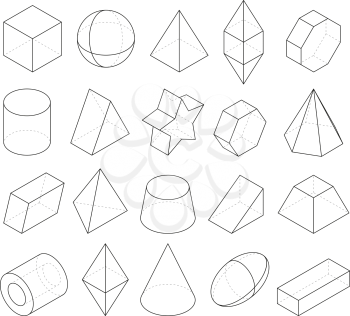 Monoline illustrations. Frames of different geometry shapes. Linear geometry figure polygon, octahedron and pyramid, vector geometric cone and sphere