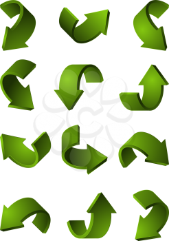 Set of different 3d arrows green color. Vector pictures curve arrow illustration