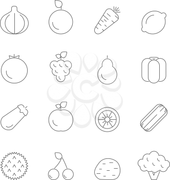 Various icons of fruits and vegetables. Vector linear pictures organic vegetarian ingredient carrot and eggplant, cherries and nutrient illustration