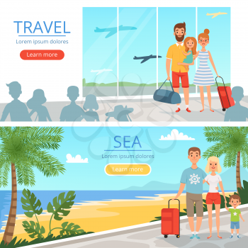 Family goes at vacations. Peoples at airport. Vector banners of travel concept illustrations. Vacation family, people in airport