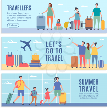 Banners of summer characters. People goes to summer vacation. Vector people vacation and trip, travel family illustration