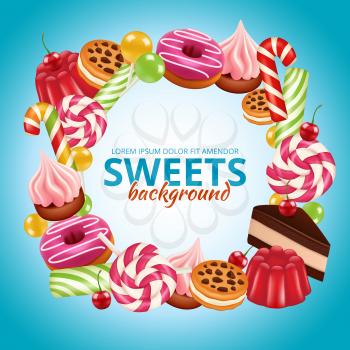 Sweet candy frame. Lollipop round and twisted shop colored dulce vector background realistic pictures. Candy and lollipop, spiral caramel colorful, dessert snack bonbon illustration
