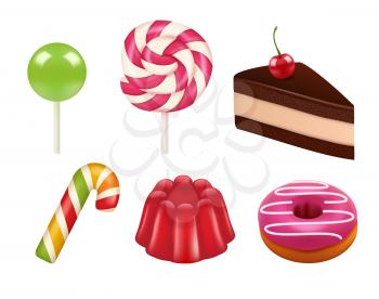 Candy realistic pictures. Caramel and chocolate sweets colored lollipops and sucker. Vector realistic illustrations of candy. Candy dessert and caramel sweet, chocolate cake