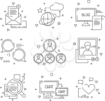 Social media icon. Web community people symbols of group learning to talk photos avatars linear pictures set isolated. Illustration of web internet network, icon social media of set