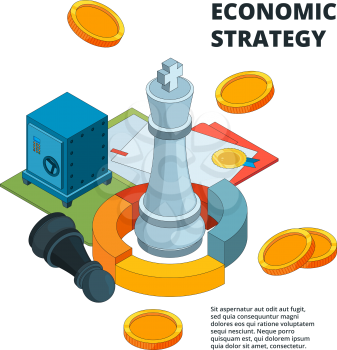 Business strategy concept. Corporate success planning and management symbols new level target chess figures vector isometric. Isometric chess king, plan intelligence financial illustration