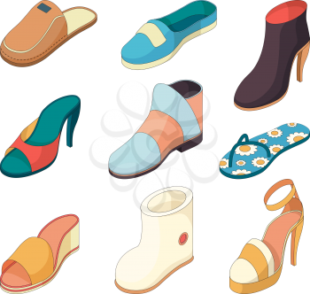 Shoes man woman. Casual clothes boots model slipper shoe from leather vector isometric illustrations. Footwear shoe collection, model fashionable female