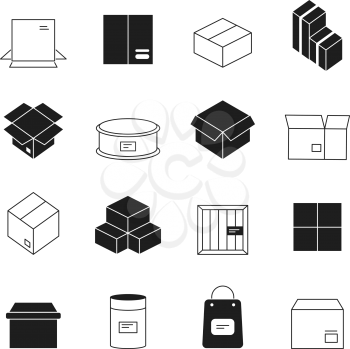 Box symbols. Wooden and cardboard stack export boxes opened and closed vector simple icon set. Illustration black white container packaging, package and parcel