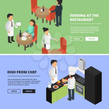 Restaurant interior. Food kitchen bar cafe showcase eating room dinning peoples fast food banners with vector pictures isometric. Restaurant banner isometric with waitress and chef illustration
