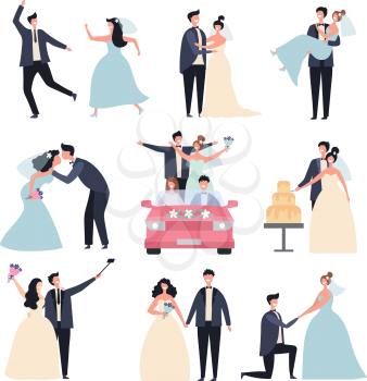 Wedding couples. Bride ceremony celebration wed day love groom marriage rings vector characters. Bride and groom, marriage love couple, celebration wedding ceremony illustration
