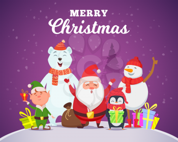 Holiday winter background. Christmas characters santa penguin white arctic bear character snow wildlife animals in cartoon style vector. Illustration of santa character greeting merry christmas