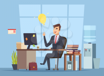 Business idea search. Office manager have smart mind light bulb startup concept of success happy work vector character cartoon style. Idea creative businessman solution and think illustration