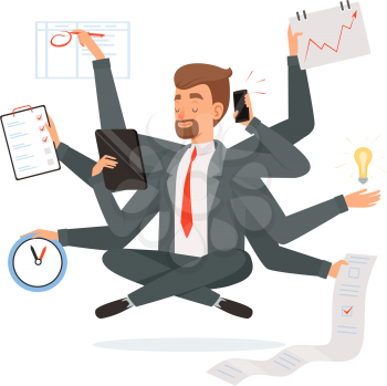 Multitasking businessman. Office worker making much work with hands writing calling reading yoga meditation vector concept character. Illustration of businessman multitasking busy