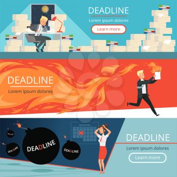 Deadline banners. Workload office managers work burnout in rush overload business personal directors vector cartoon characters. Deadline office employee, workplace with pile document illustration