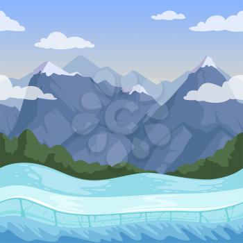 Winter mountain background. Outdoor rocky hills terrain snow relief vector seamless pattern. Terrain peak and range rock with snow illustration