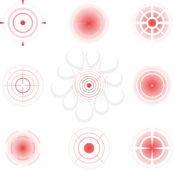 Radial red shapes. Migraine aiming bones painful target concentric pain vector abstract rings. Red target radial pain, cross aiming focus illustration