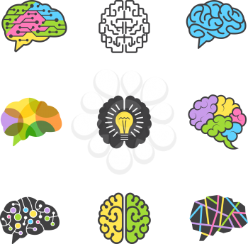 Brain colored symbols. Creative mind genius smart idea brain vector pictures design for business logotypes. Education and science, smart brain human illustration