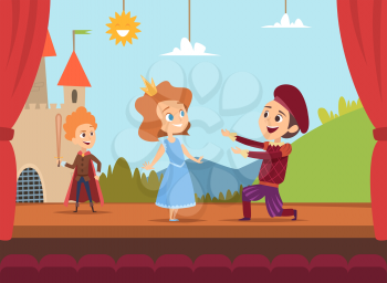 Kids at school stage. Children actors making big performance at scene dramatic scenery vector illustration. Children characters in drama, boy and girl on stage