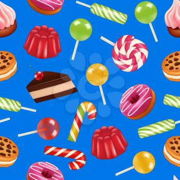 Vector realistic sweet candy pattern or background illustration. Dessert food colorful, tasty and bright caramel, chocolate cream and lollipop