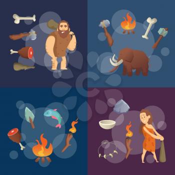 Stone Age elements. Vector cartoon cavemen and woman illustration. Prehistoric tools and animal