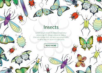Vector hand drawn insects background with place for text illustration. Butterfly and insect, ladybug and creature