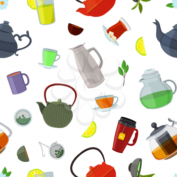 Vector cartoon colored tea kettles and cups pattern or background on white illustration
