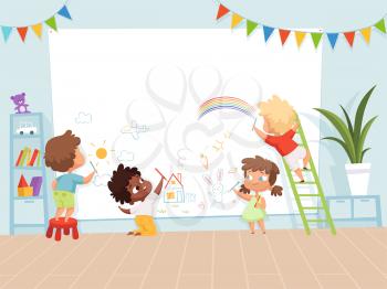 Kids drawing painting. School education process for childrens background of creativity childhood vector picture. Child paint crayon on wall illustration