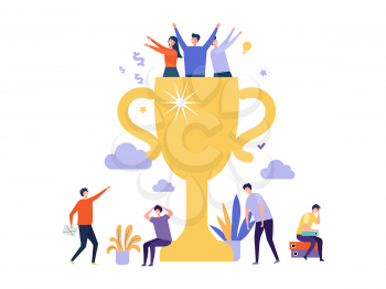 Successful business team. Winner cup and tiny people. Happy winning and angry losing teams vector illustration. Winner business team, businessman with award