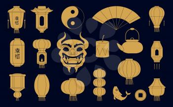Asian symbols silhouettes. Chinese golden paper lanterns mask of dragon fish and coins. Traditional china festive vector illustrations. Chinese golden silhouette symbol, asian celebration