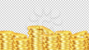 Golden coins background. Isolated realictic money. Vector coin pile transparent banner. Illustration golden currency, cash treasure pile