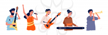 Musicians and singers. People with music instruments. Concert, festival or event persons vector illustration. Music event festival, performance singer, musical band