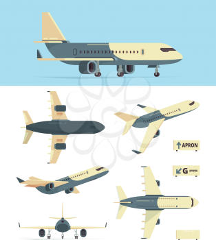 Civil aviation plane. Model of different airplanes views aircraft vector collection. Plane aviation, civil airplane, aircraft for passenger illustration
