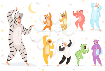 Pyjamas characters. Happy kids and parent playing in night textile costumes vector. Illustration costume animal, funny girl and boy pajamas
