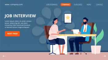 Job interview. Corporate company, jobs applicant and specialist. Head hunter, recruitment and hr agency. Woman and business man talking, hiring vector page. Interview manager, employment illustration
