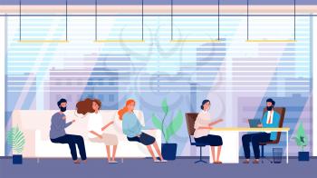 Recruitment agency. Candidates, job office. Headhunting and hiring. People waiting on sofa interview with hr leader. Business company, expert choice vector illustration. Recruitment agency company job