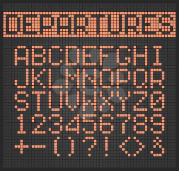 Dotted text. Electronic digital lighting alphabet letters and numbers for airplane monitor vector set. Alphabet digital display, scoreboard electronic dot illustration