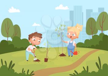 Kids planting background. Natural eco outdoor childrens weather protect environment gardening education vector. Volunteer growing, gardener and watering, working outdoor illustration