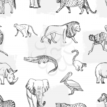 Sketch animal pattern. African, asian fauna background. Elephant and monkey, lion and crocodile vector seamless texture. Illustration elephant and lion, jungle textile animals
