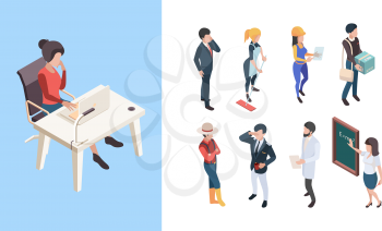 Isometric professions. 3d people service workers business persons male female vector illustration. Business service professional, people worker isometric, workman builder, profession handyman