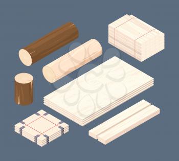 Wooden isometric. Set of stacked lumber branches pile logging timbers vector pictures. Woodworking isometric material 3d, stack pile wooden illustration