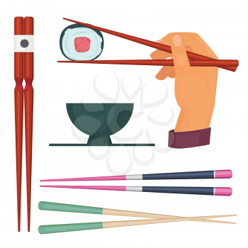 Wooden chopstick. Oriental kitchen items for eating food colored japan stick for eating sushi and seafood vector illustrtions. Chopstick bamboo, japanese restaurant utensil