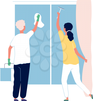 Cleaning service. People washing windows. Man and woman clean house, household vector illustration. Window service wash, people professional cleaner